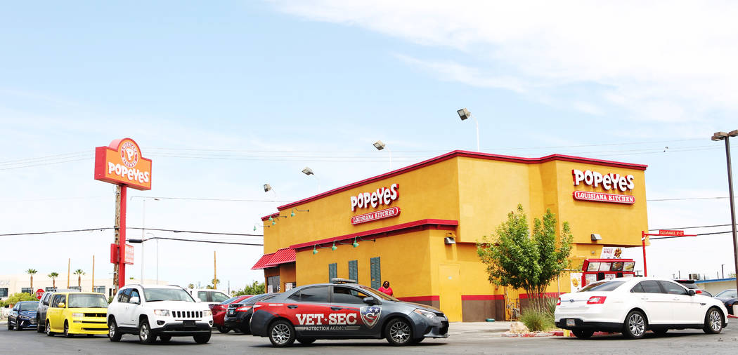 The long line of the drive-thru during lunchtime at Popeyes on Thursday, Aug. 22, 2019, in Las ...