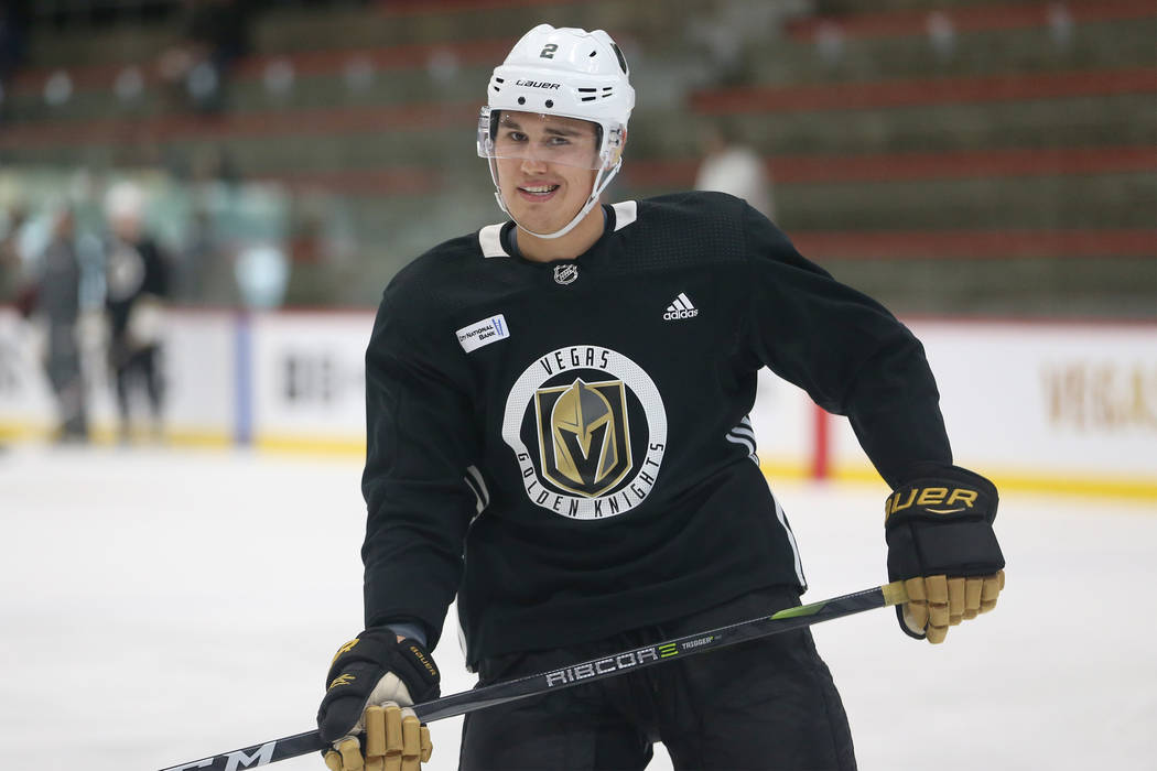 Vegas Golden Knights defenseman Zach Whitecloud (2) during a team practice at City National Are ...