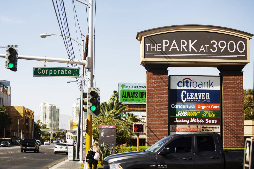 The front sign of the entrance of the complex east of the Strip were the back office building b ...