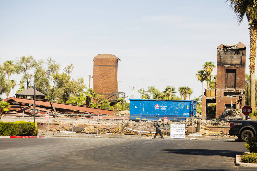 The front of the office complex east of the Strip that burned down a few months ago on Thursday ...