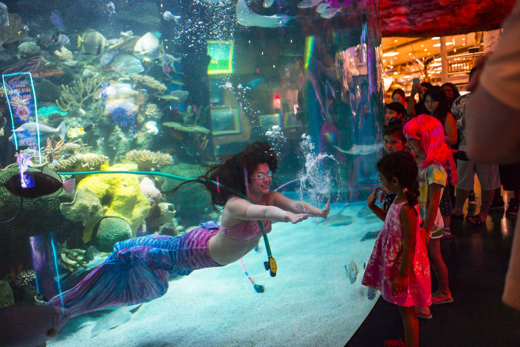 McKenzie Kawano, who works as a mermaid at the aquarium at the Silverton, left, motions to youn ...