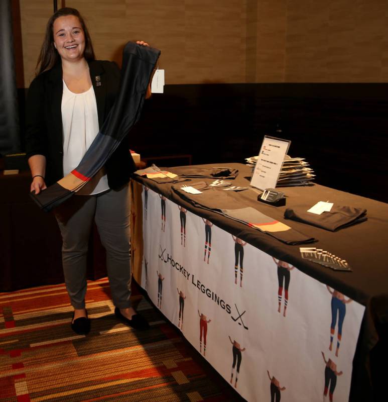 Krystal Middleton of Hockey Leggings shows her product at her booth before the Start Tank entre ...