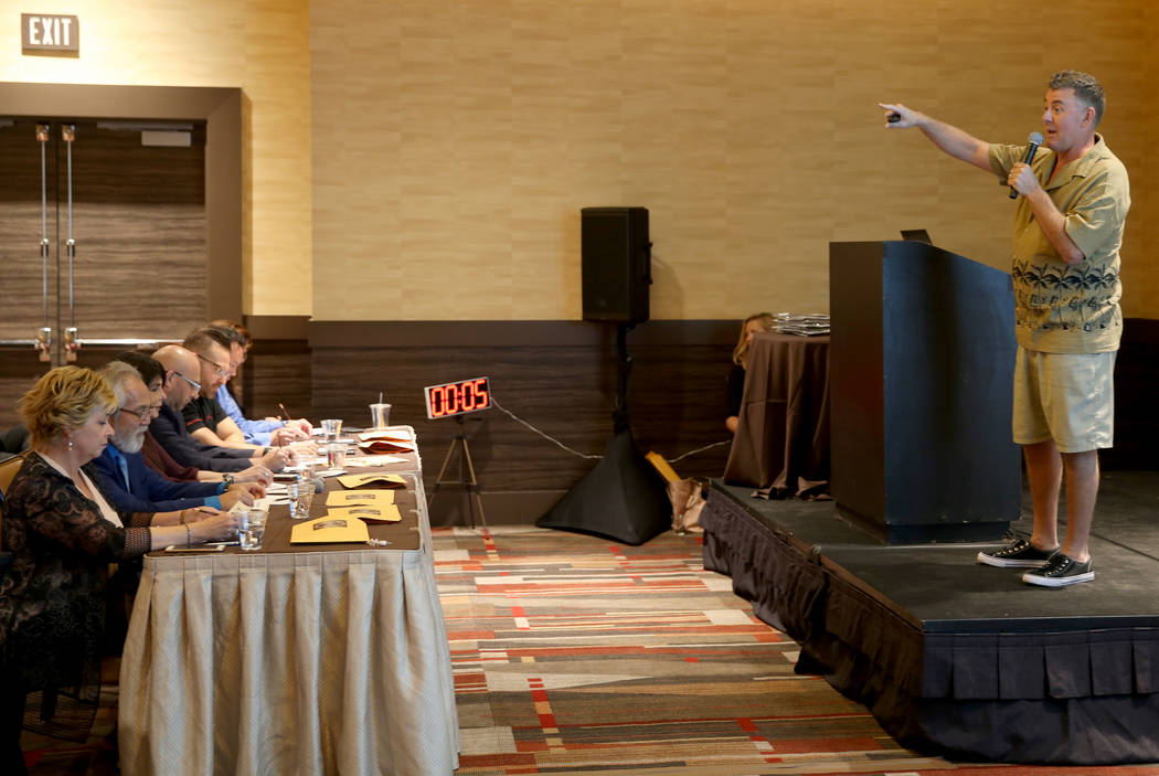 Christopher Campbell of The Beach Bark Brittle Company makes his pitch to the judges at the Sta ...