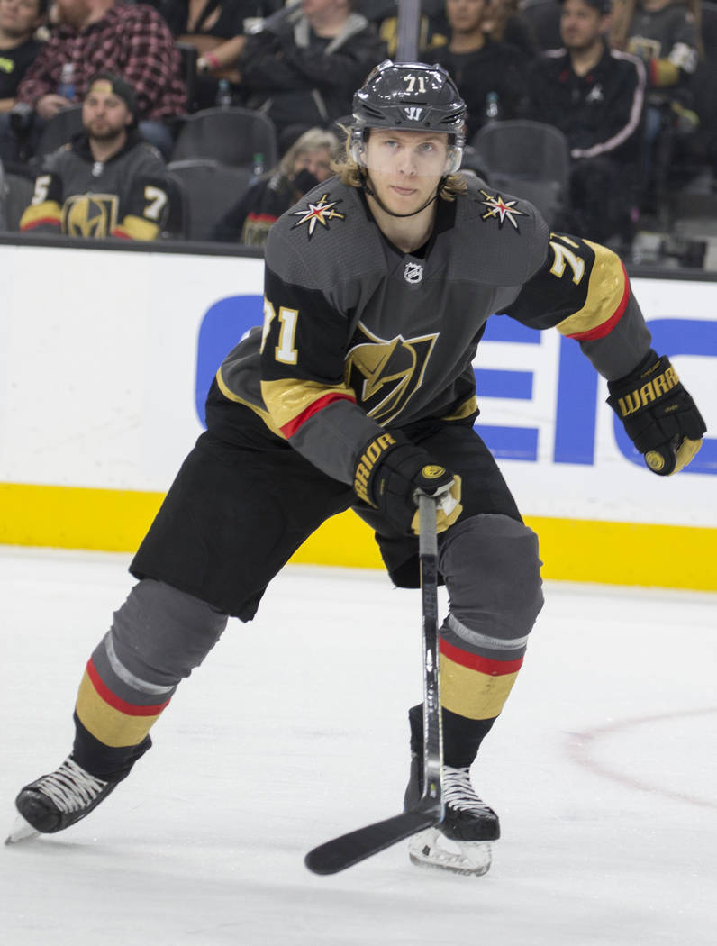 Golden Knights center William Karlsson (71) on Monday, April 1, 2019, at T-Mobile Arena, in Las ...