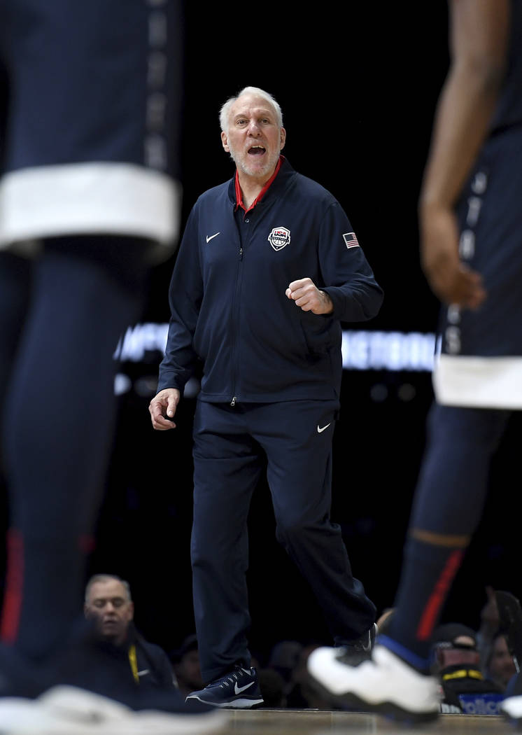 United States' head coach Gregg Popovich gestures during their exhibition basketball game again ...