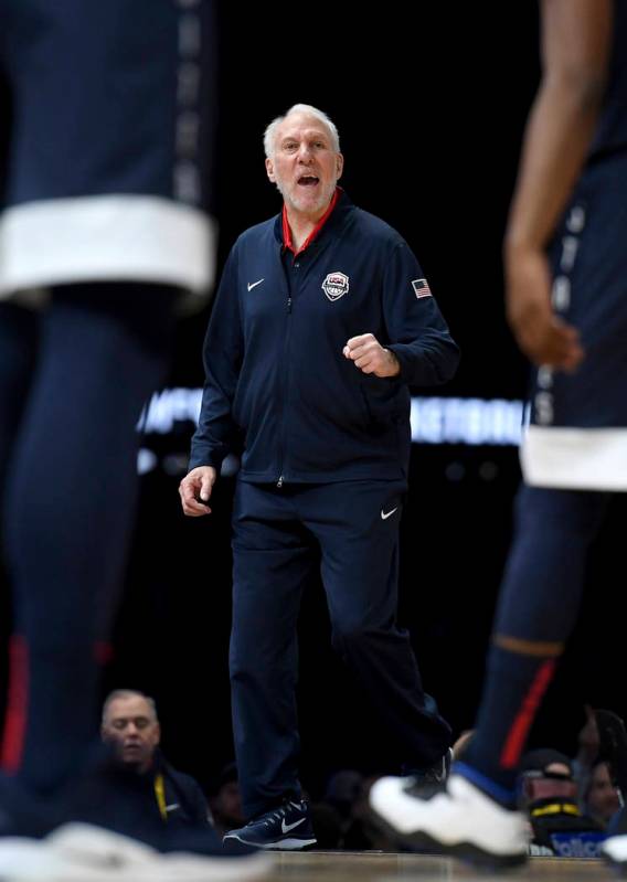 United States' head coach Gregg Popovich gestures during their exhibition basketball game again ...