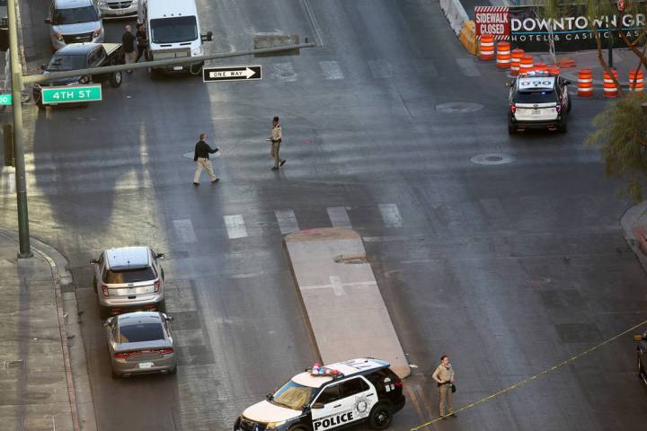 Ogden Avenue at Fourth Street in downtown Las Vegas remains closed Thursday, Aug. 22, 2019, whe ...