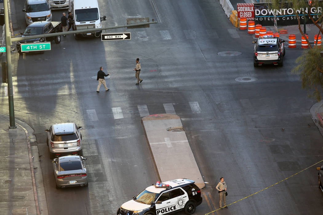 Ogden Avenue at Fourth Street in downtown Las Vegas remains closed Thursday, Aug. 22, 2019, whe ...