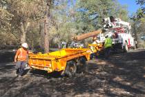 In this Friday, Aug. 23, 2019 photo, a crew from PAR Electrical Contractors prepares to change ...