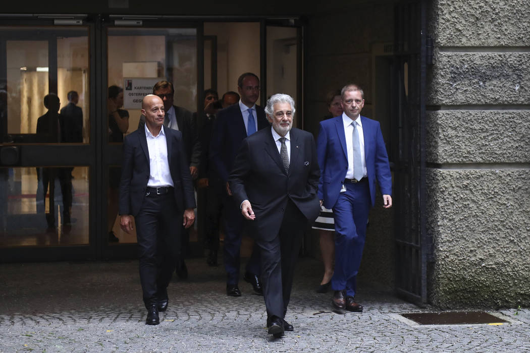 Placido Domingo leaves the 'Festspielhaus' opera house after he performed 'Luisa Miller' by Giu ...