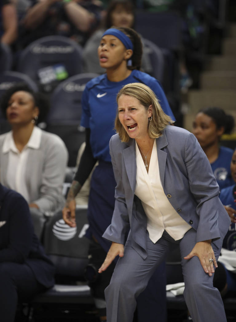 Minnesota Lynx head coach Cheryl Reeve encourages her team on defense in the fourth quarter of ...