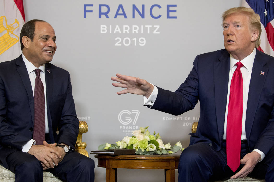 President Donald Trump and Egyptian President Abdel Fattah al-Sisi, left, participate in a bila ...