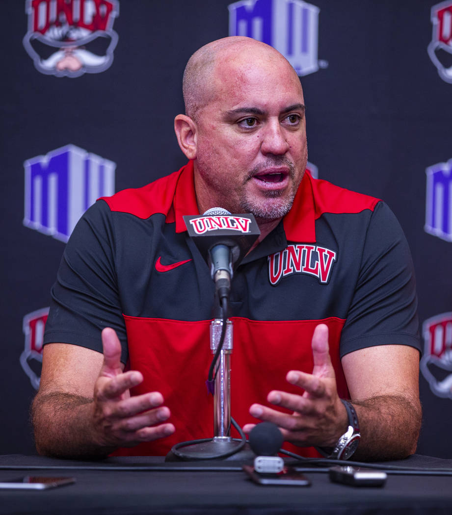 UNLV football head coach Tony Sanchez answers questions by media during a press conference on M ...