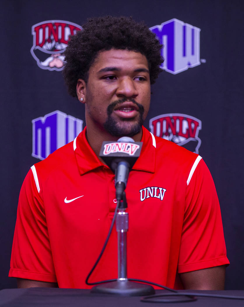 UNLV football quarterback Armani Rogers answers a media question during a press conference on M ...