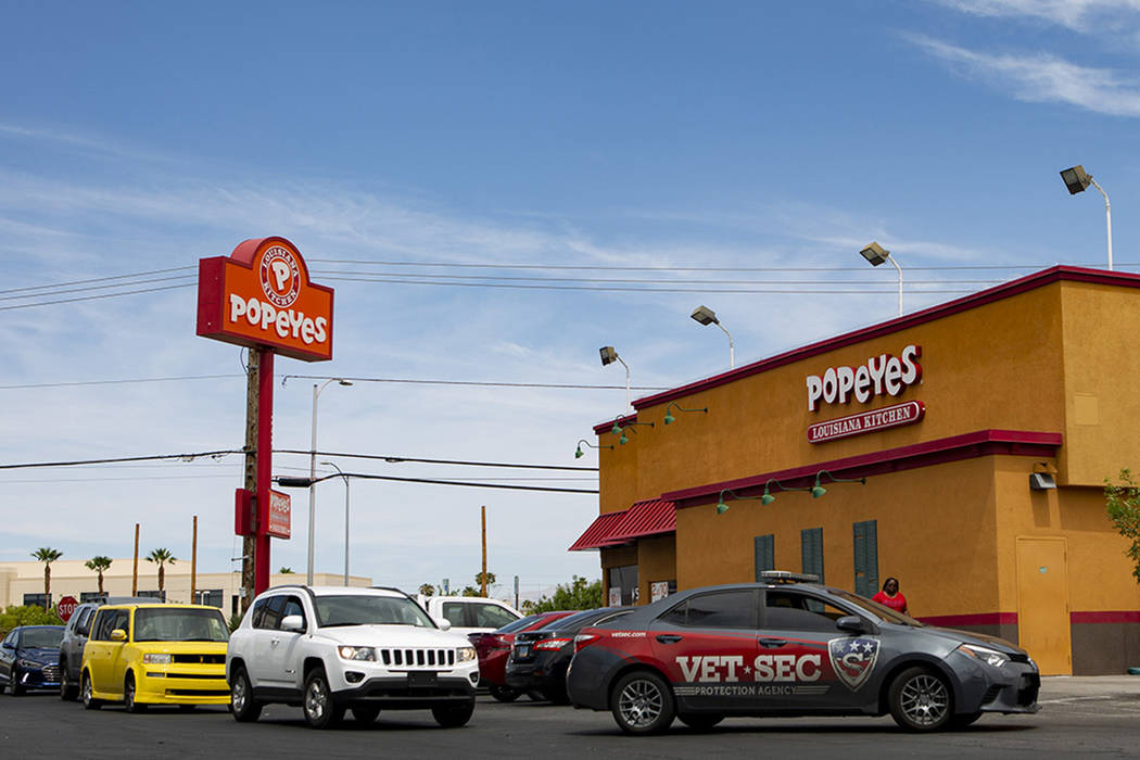 The long line of the drive-thru during lunchtime at Popeyes on Thursday, Aug. 22, 2019, in Las ...