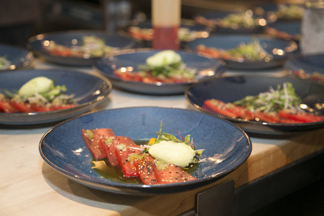 Photo by Rinah Oh Sake-compressed watermelon with gingerÐwasabi sorbet by Chef Andrew Carroll ...