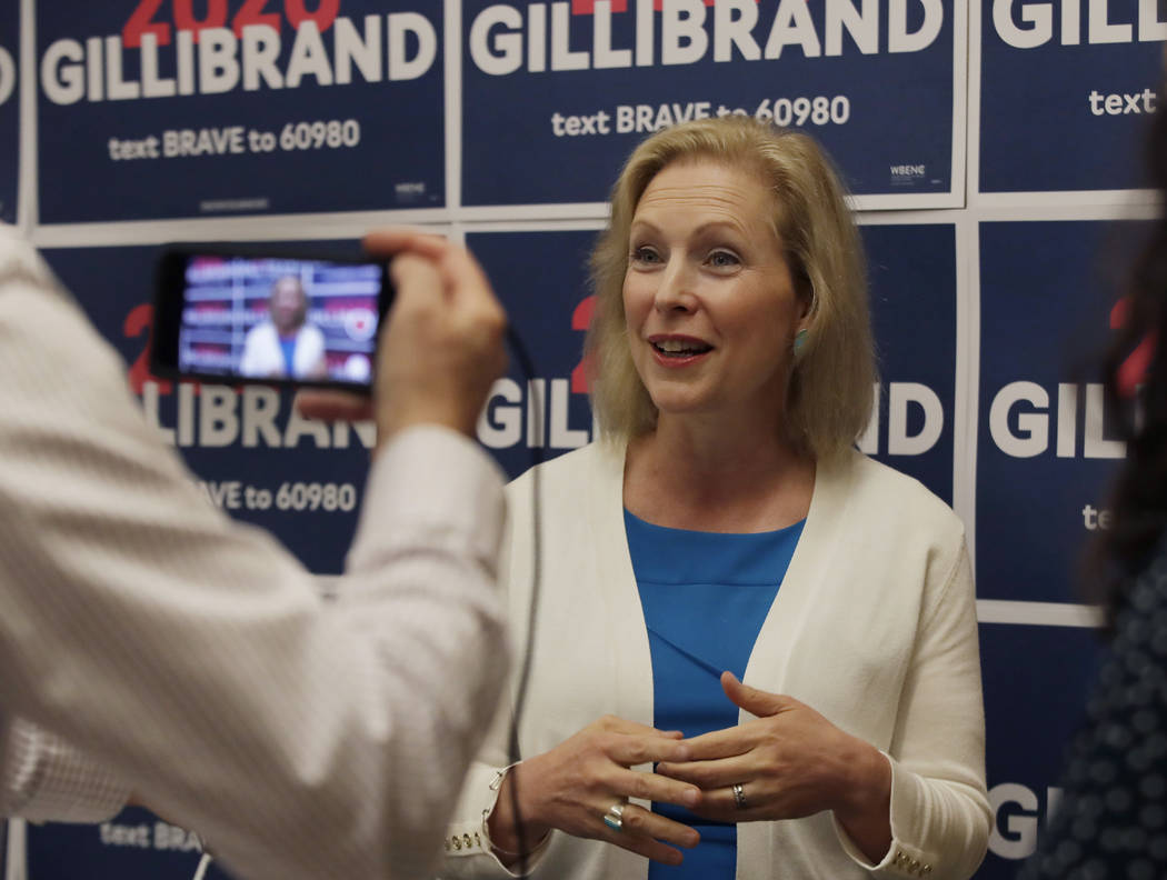 Democratic presidential candidate Sen. Kirsten Gillibrand, D-N.Y., speaks to a reporter after a ...