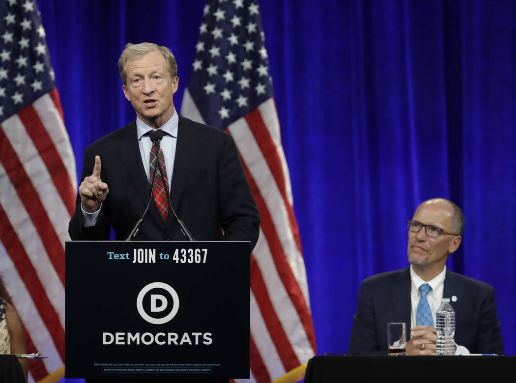 Democratic presidential candidate Tom Steyer gestures while speaking at the Democratic National ...