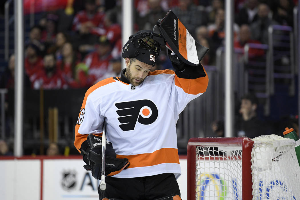 FILE - In this Tuesday, Jan. 8, 2019 file photo, Philadelphia Flyers goaltender Mike McKenna (5 ...