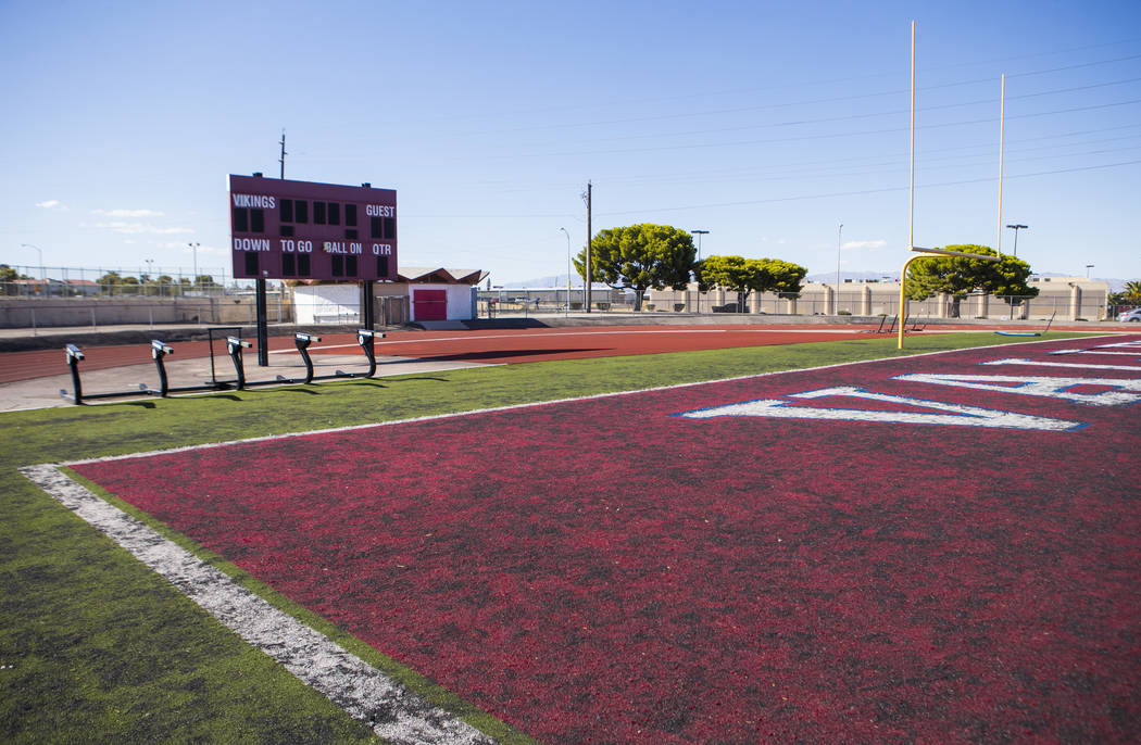 A view of the deteriorating turf at the football field at Valley High School in Las Vegas on We ...