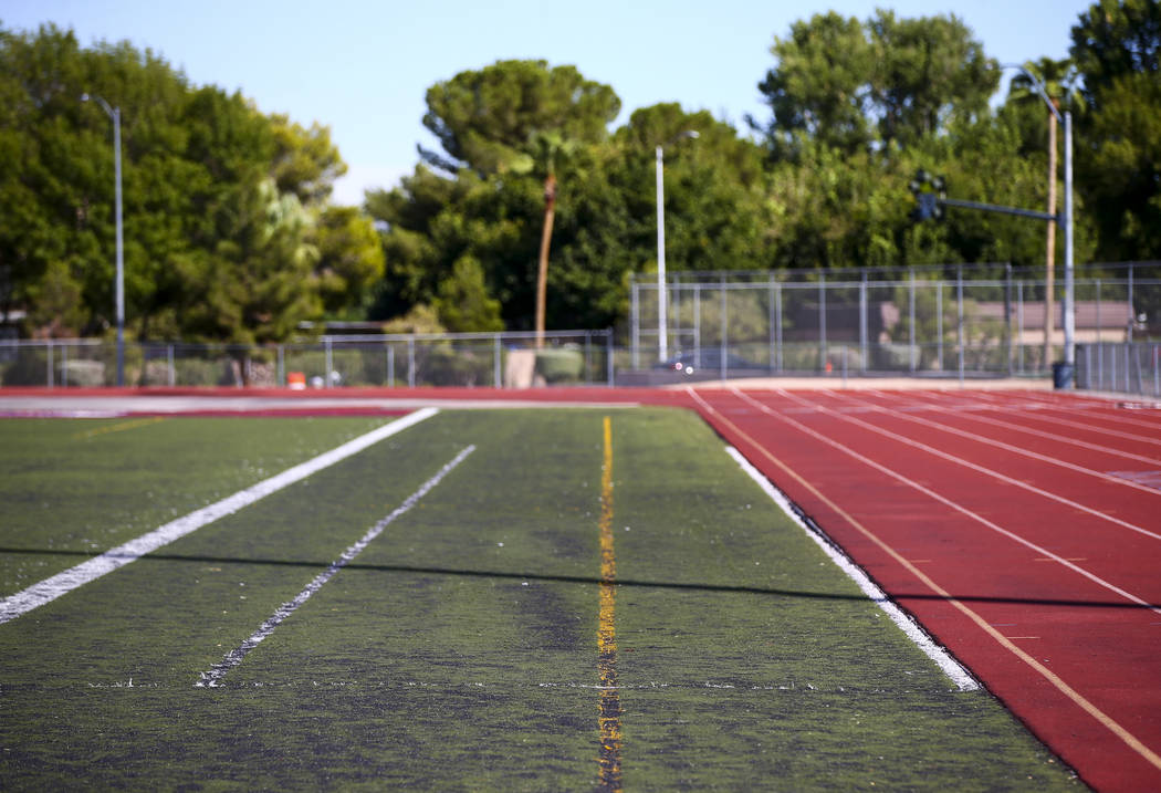 A view of the deteriorating turf at the football field at Valley High School in Las Vegas on We ...