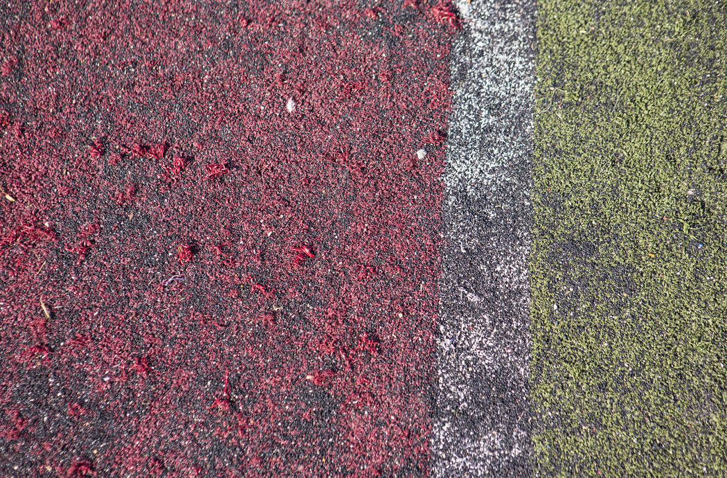 A view of the deteriorating turf at the football field at Valley High School in Las Vegas on We ...