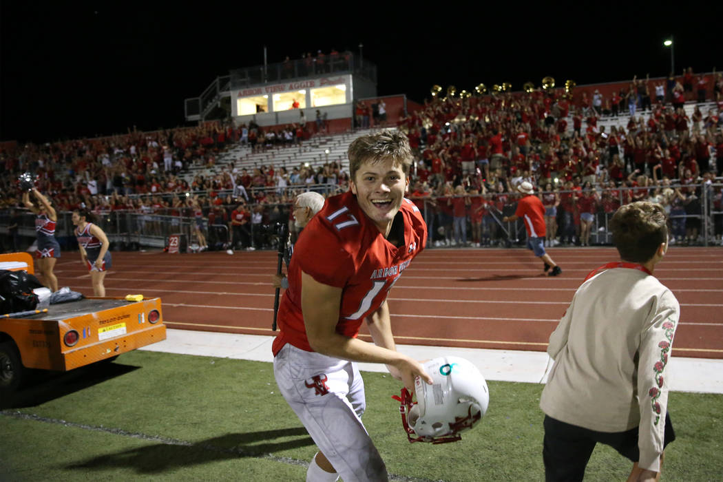 Arbor View's Kyle Holmes (17) reacts after defeating American Fork in the football game at Arbo ...