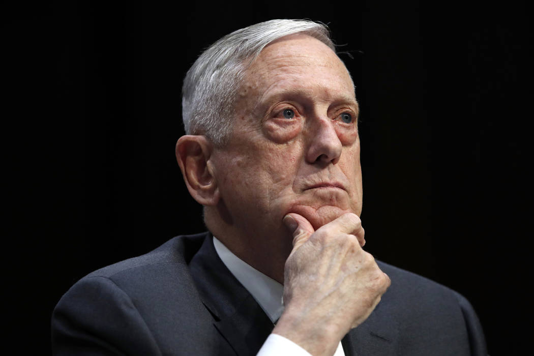 In an April 26, 2018, file photo, Defense Secretary Jim Mattis listens to a question during a h ...