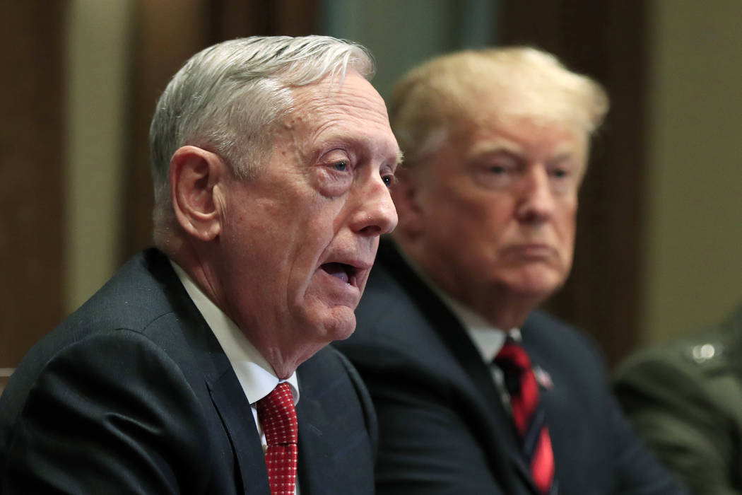 FILE - In this Oct. 23, 2018 file photo, Defense Secretary Jim Mattis speaks beside President D ...