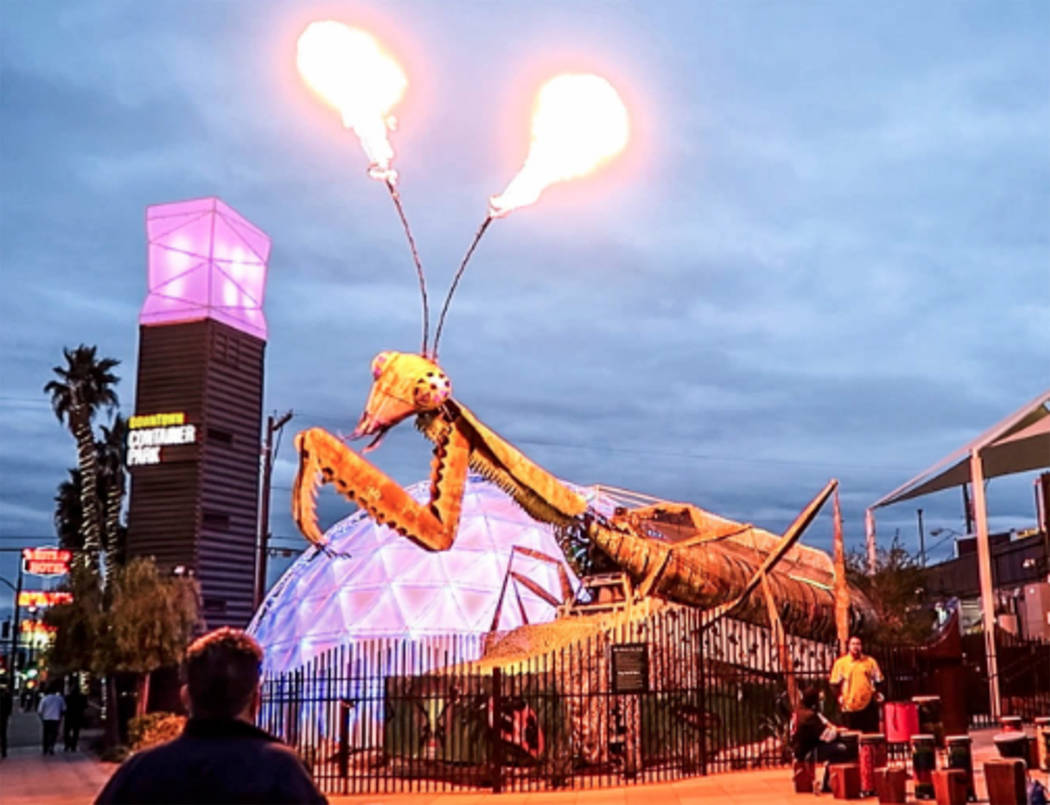 The praying mantis at Container Park in downtown Las Vegas. (Joshua Dahl/Las Vegas Review-Journal)