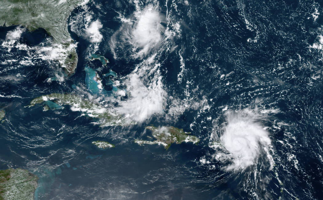 This GOES-16 satellite image taken Tuesday, Aug. 28, 209, at 17:20 UTC and provided by National ...