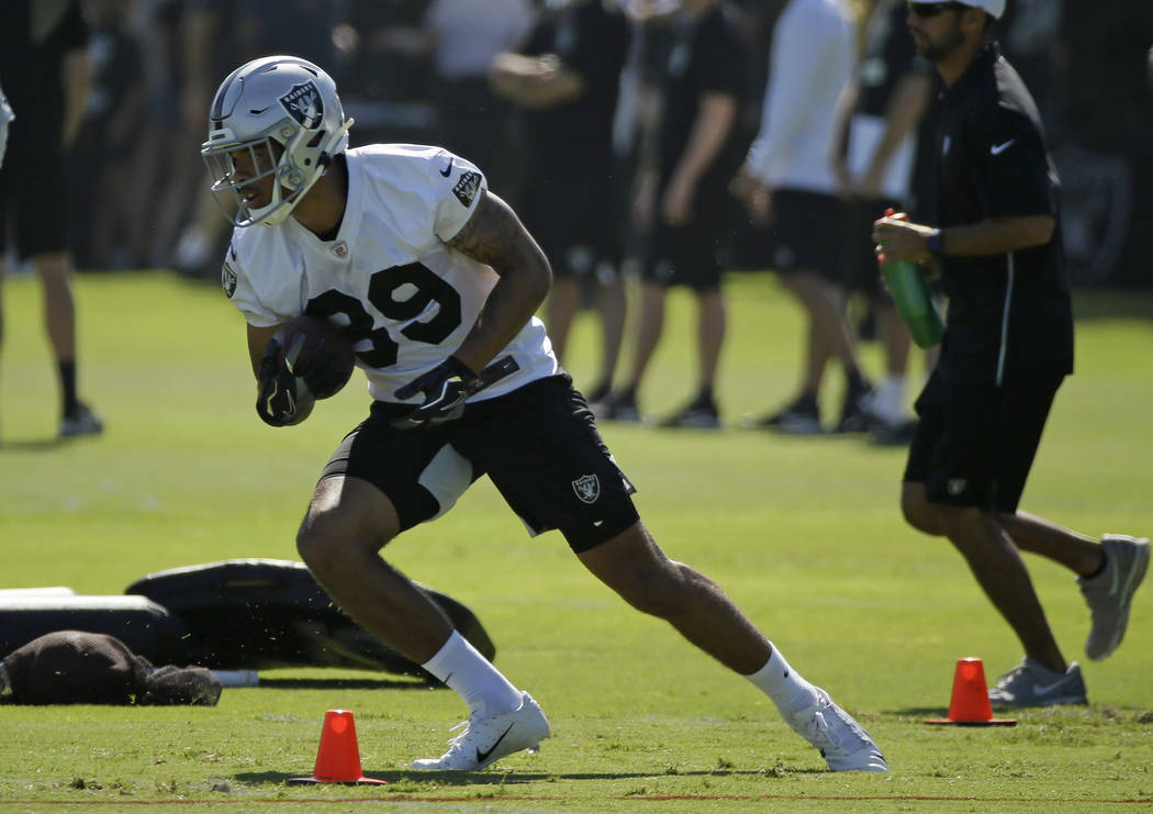 Oakland Raiders wide receiver Keelan Doss during NFL football training camp Saturday, July 27, ...