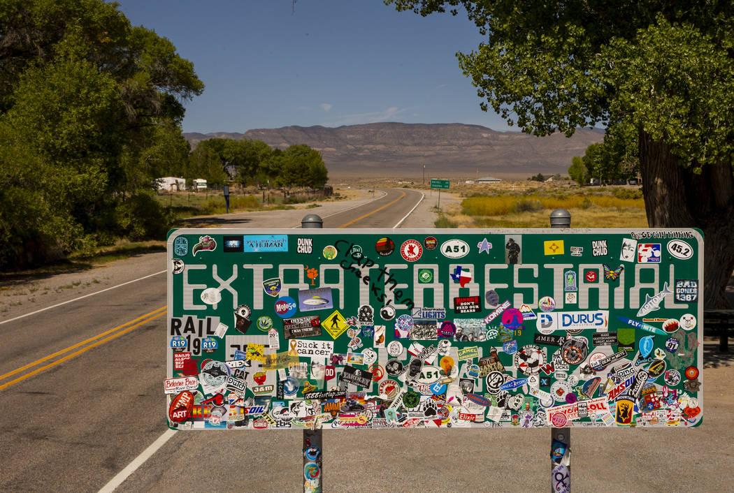 A sign noting the Extraterrestrial Highway/state Route 375 will be heavily traveled around Hiko ...