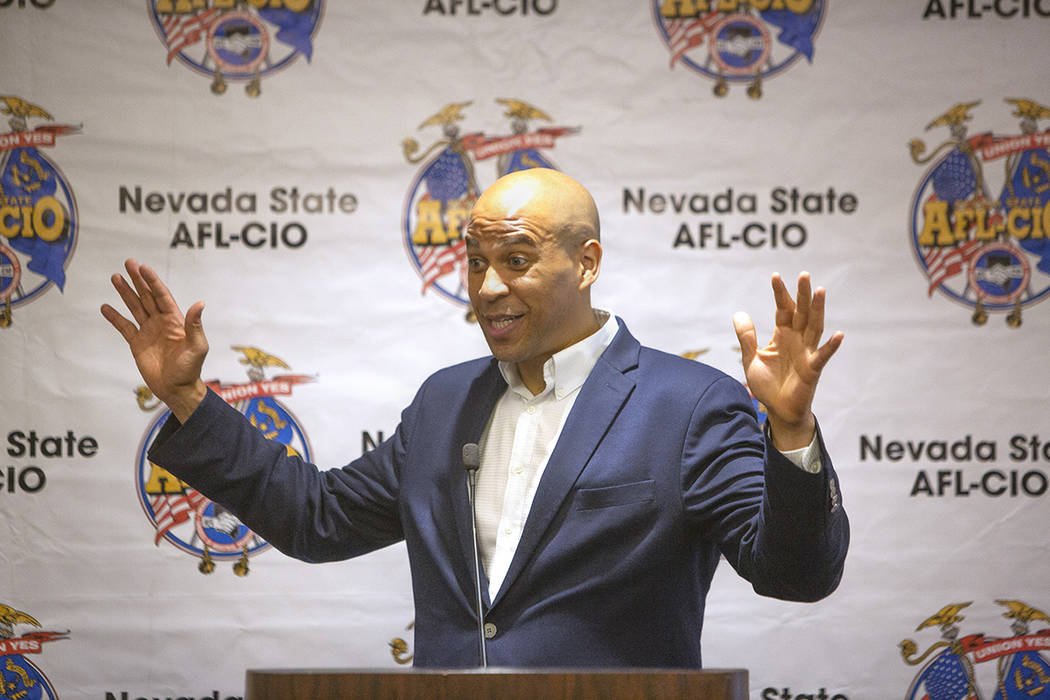 Democratic presidential candidate Sen. Cory Booker, D-N.J., speaks during AFL-CIO convention at ...