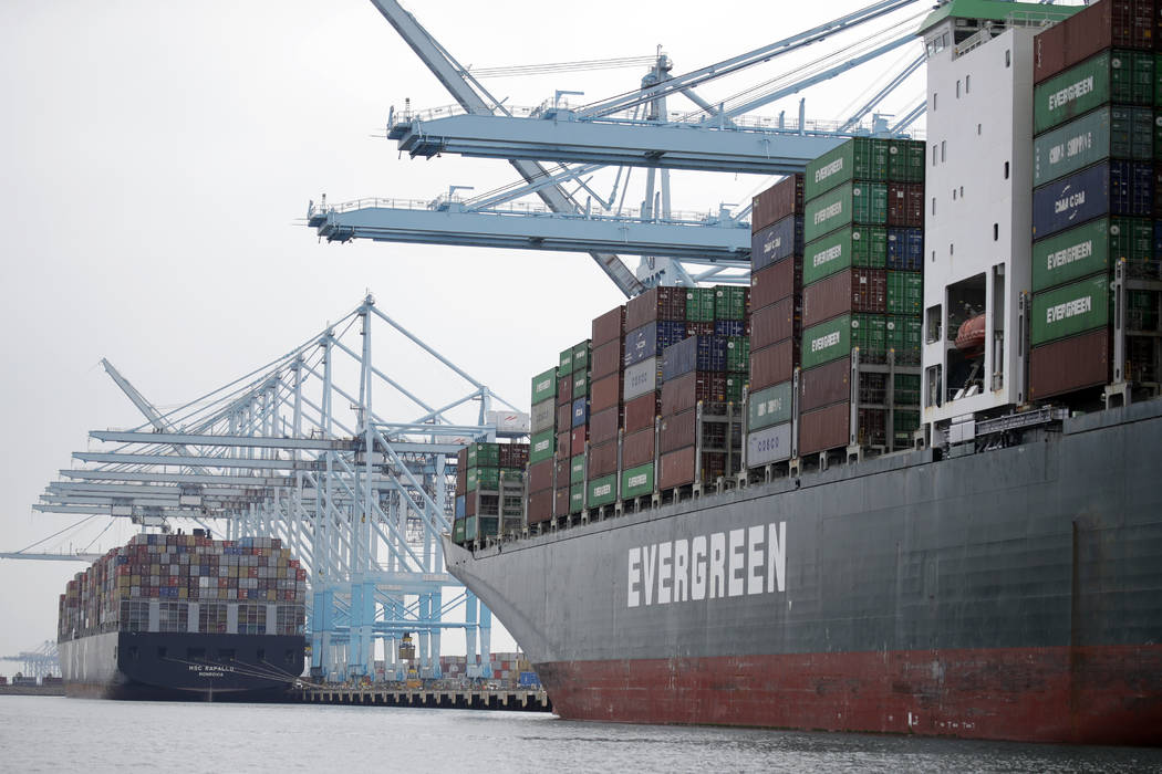 In a June 19, 2019, file photo, cargo ships are docked at the Port of Los Angeles in Los Angele ...