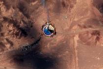This satellite image from Maxar Technologies shows a fire at a rocket launch pad at the Imam Kh ...