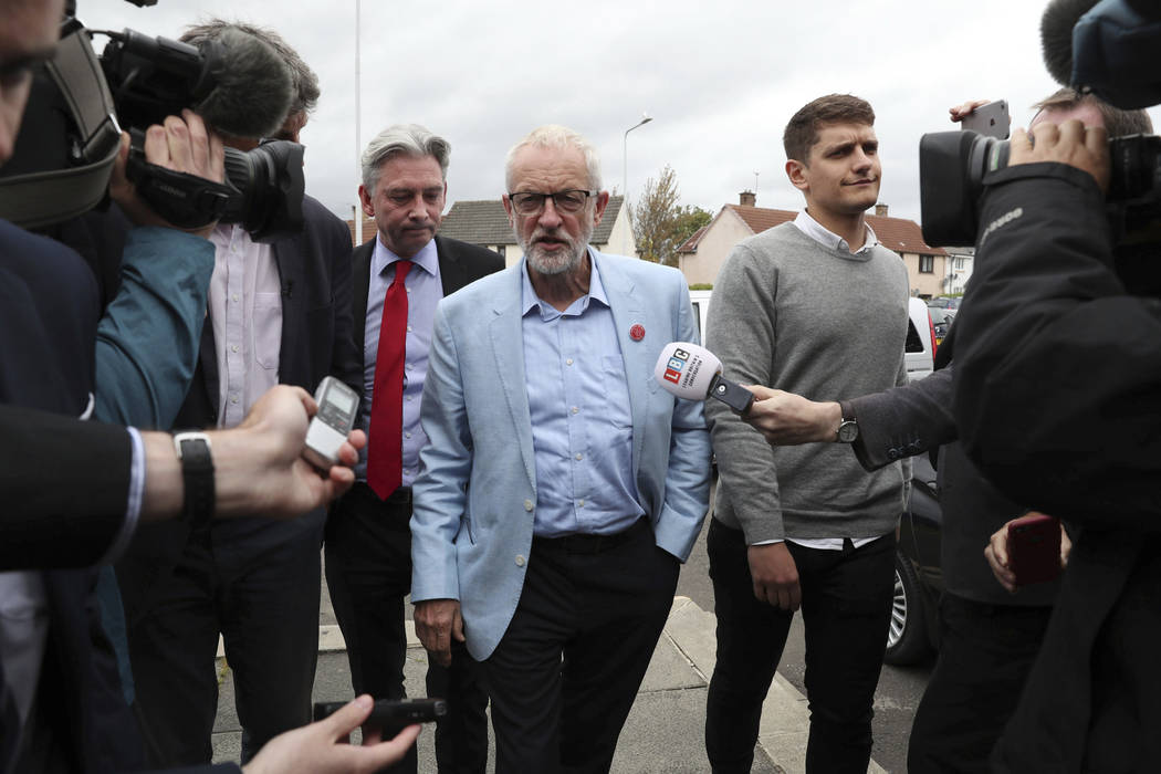 Britain's main opposition Labour Party leader Jeremy Corbyn during a visit to St Ninian's Churc ...