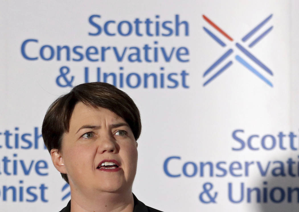 Leader of the Scottish Conservatives Ruth Davidson at the podium during a press conference to a ...