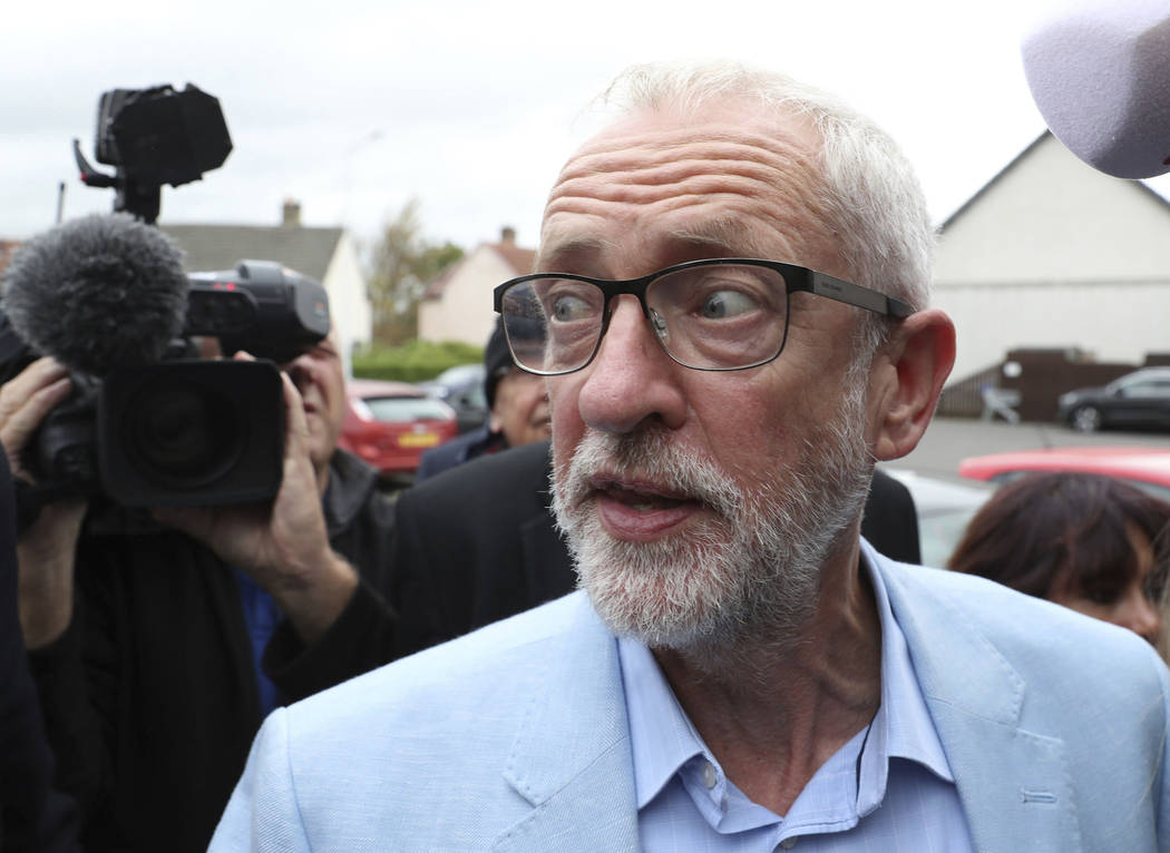 Britain's main opposition Labour Party leader Jeremy Corbyn faces the media during a visit to S ...