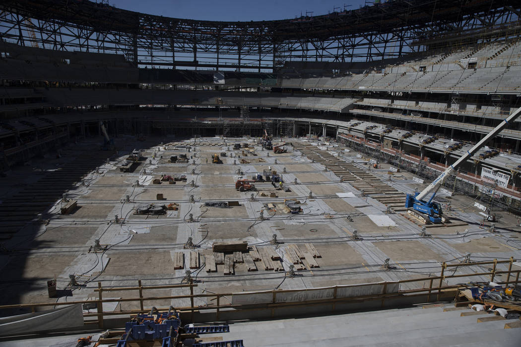 Construction at Raiders Allegiant Stadium construction site in Las Vegas, Wednesday, Aug. 28, 2 ...