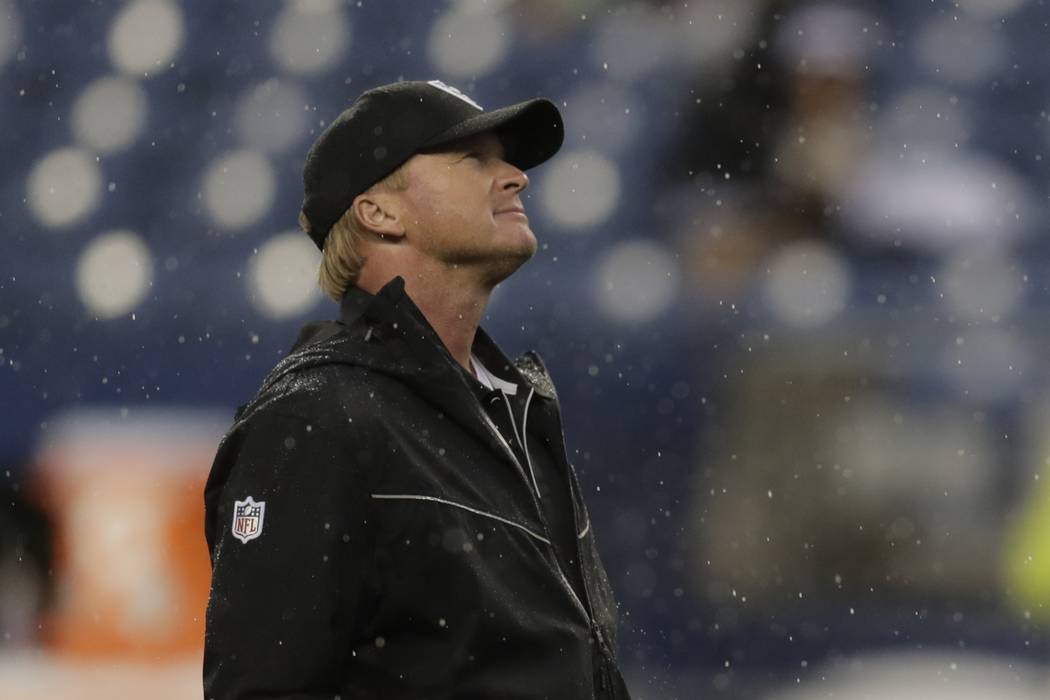 Oakland Raiders head coach Jon Gruden stands on the field before an NFL football preseason game ...