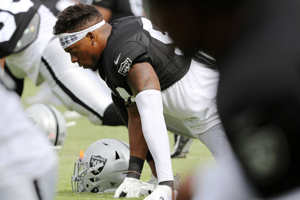 Oakland Raiders inside linebacker Brandon Marshall (54) stretches during the NFL team's trainin ...