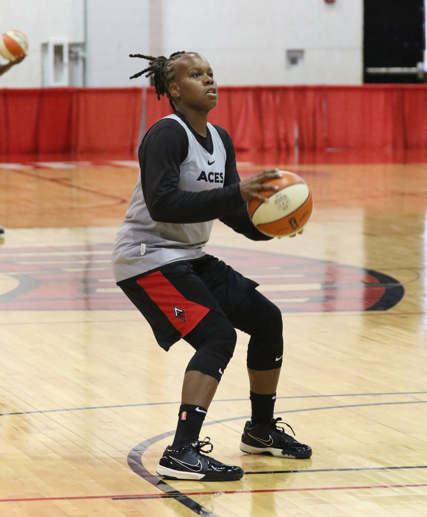 Las Vegas Aces' guard Epiphanny Prince prepares to shoot the ball during team practice at Cox P ...