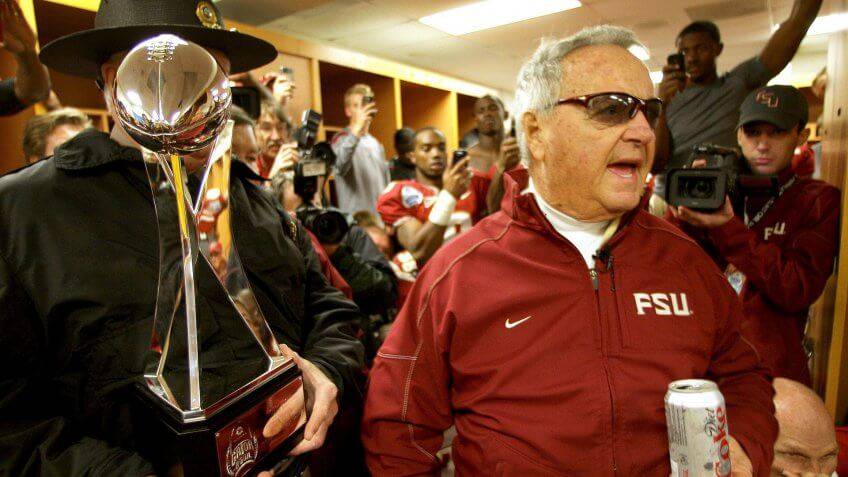 Florida State head coach Bobby Bowden in locker room after winning Gator Bowl in 2010. (Phil Co ...