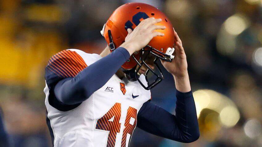 Syracuse place kicker Cole Murphy misses a field goal in 2014 against Pittsburgh. (Keith Srakoc ...