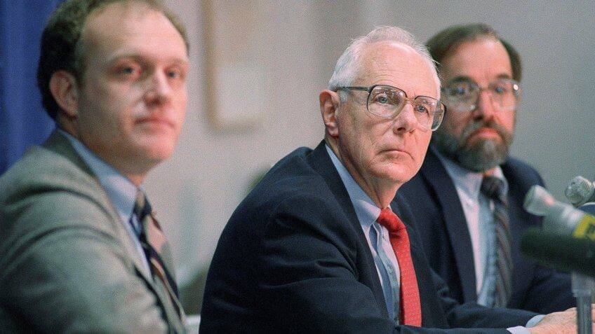 Southern Methodist interim president William Stallcup during press conference about NCAA bannin ...