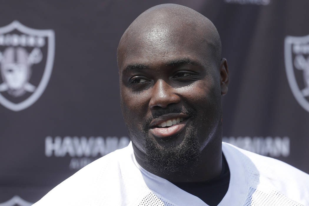 Oakland Raiders guard Rodney Hudson speaks to reporters after NFL football practice in Napa, Ca ...