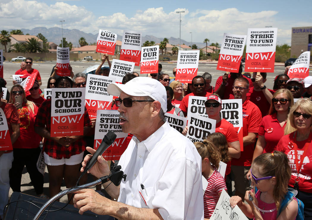 John Vellardita, the Clark County Education Association executive director, speaks as members a ...