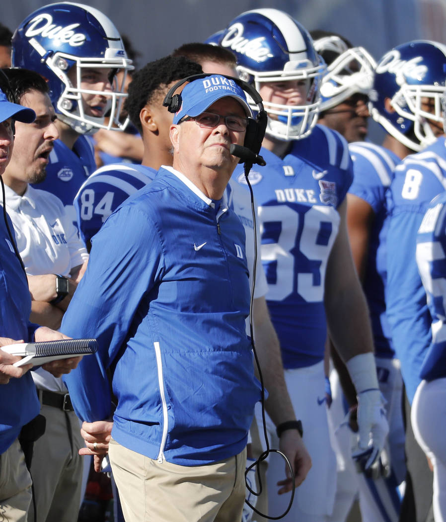 Duke head coach David Cutcliffe looks toward the scoreboard during the first half of the Indepe ...