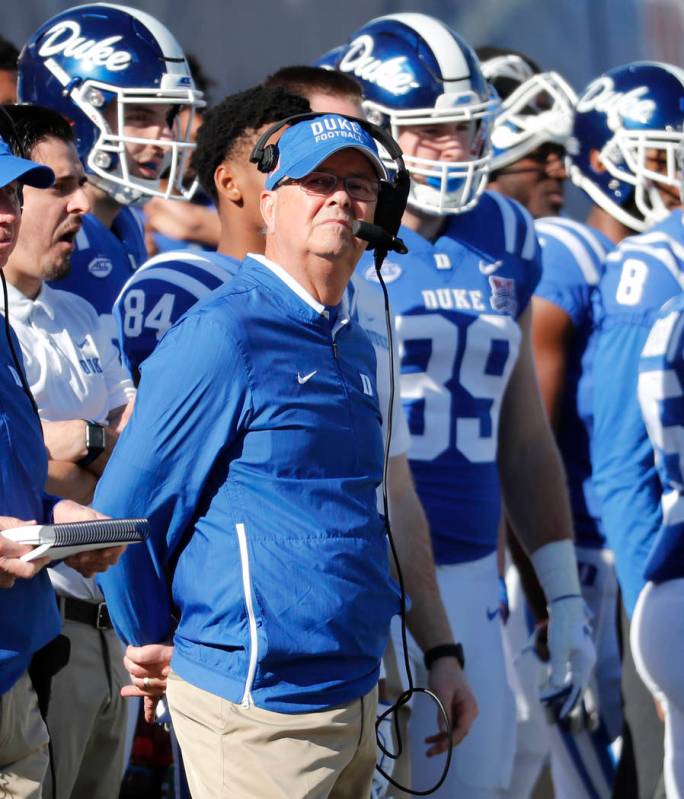 Duke head coach David Cutcliffe looks toward the scoreboard during the first half of the Indepe ...